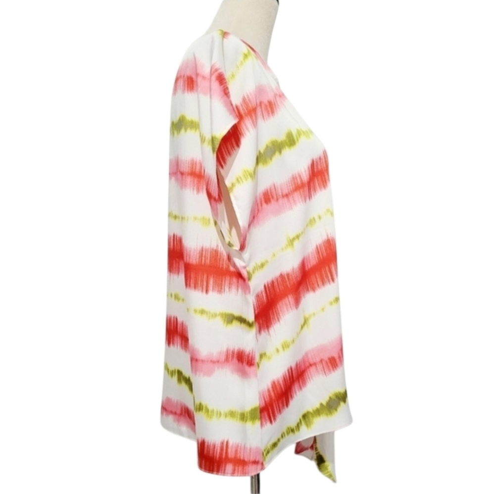 DKNY Tie Front Blouse Top Women’s M Red Green Abstract Stripe Short Sleeve - Picture 4 of 11